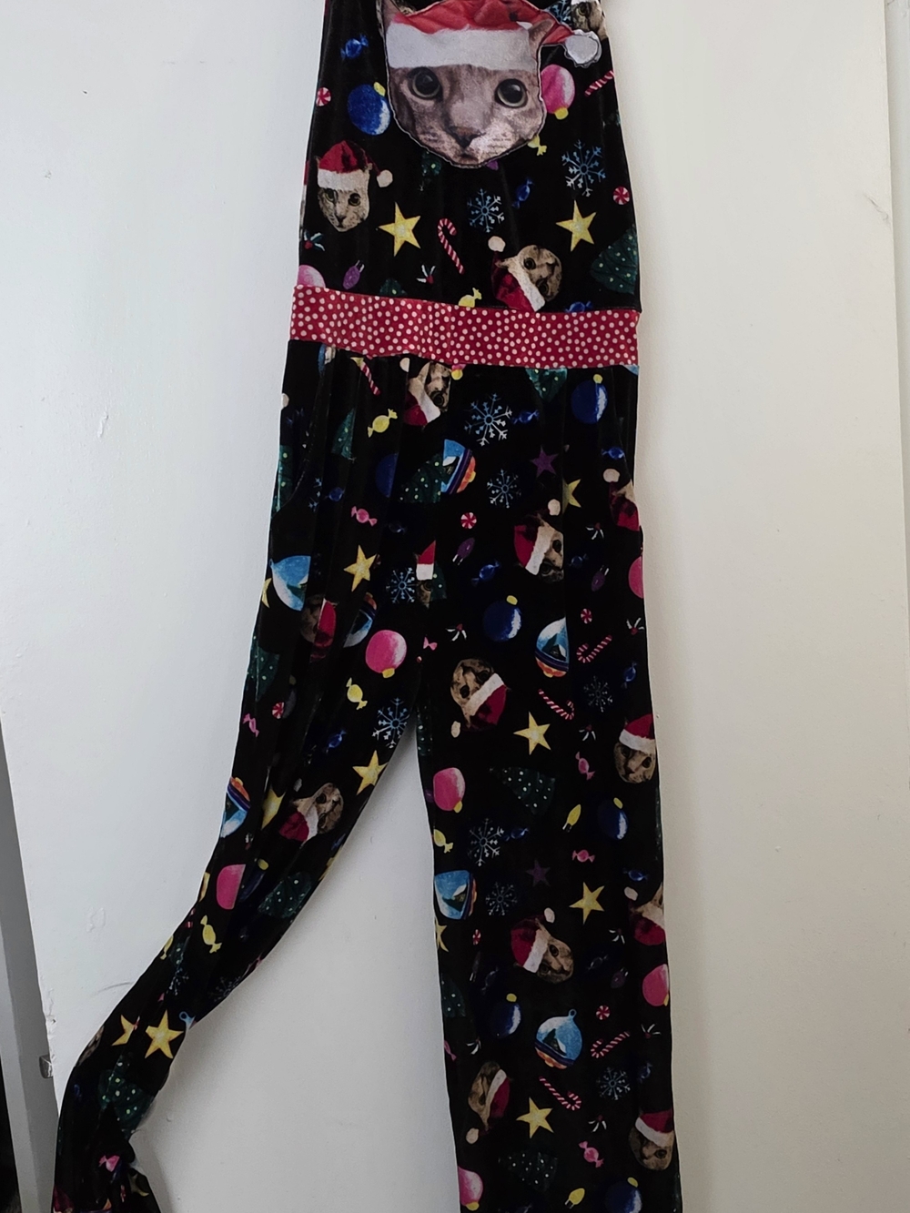 love on a hanger Black Holiday Cat Print Jumpsuit with Pink Waistband